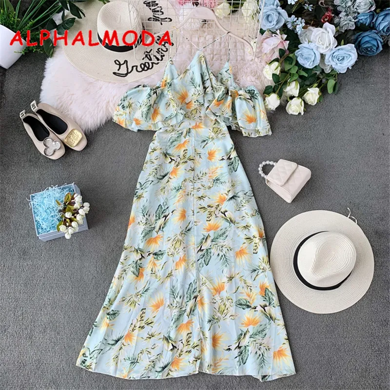 

ALPHALMODA Women Holidays Beach Dress Ruffled Off-shoulder Floral Printed Mid-calf Ladies Vocation Printed Chiffon Vestidos