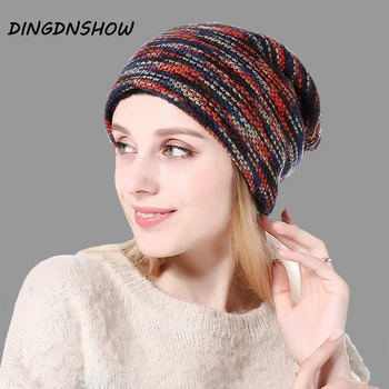 

[DINGDNSHOW] Fashion Beanies Hat Skullies Cotton Adult 2019 Winter Cap Colors Stripe Knitted Hat Lady Warm Bonnet Hat for Women