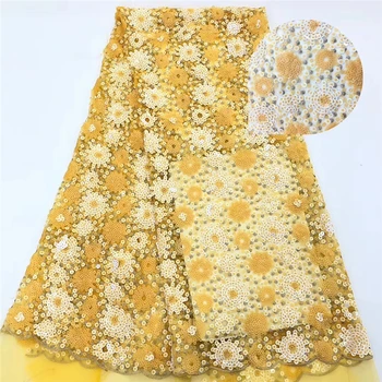 

Tollola Heavy Sequins Yellow African Lace Fabric French Tulle Lace Fabric For Wedding Dress Nigerian French Lace Fabric