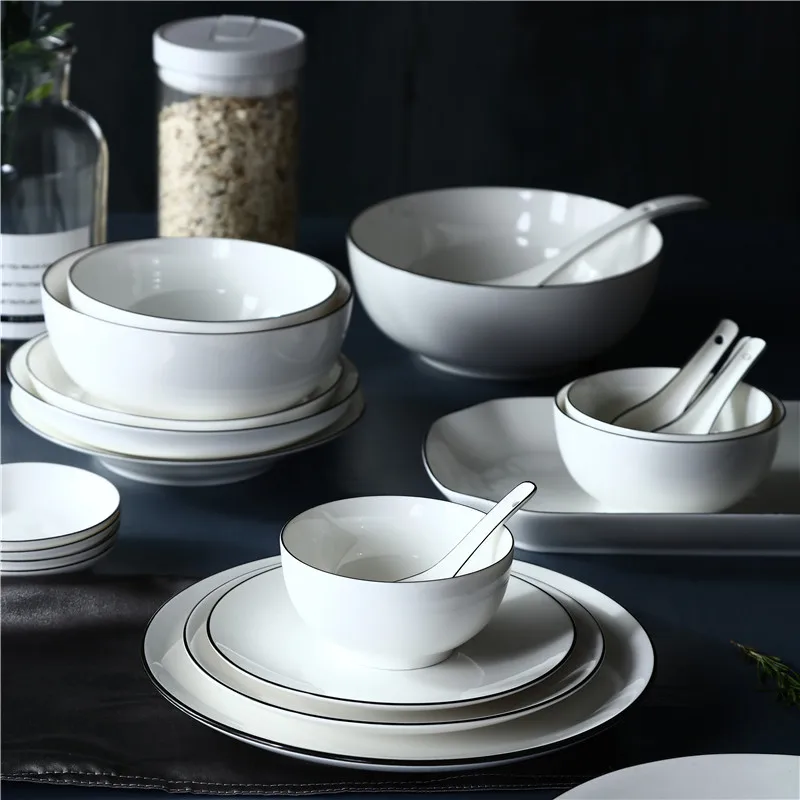 Нордическая фарфоровая кухонная посуда, набор для 2 человек/4 человека/6 человек/8 человек/12 человек, простая тарелка, белая черная линия, керамический набор посуды