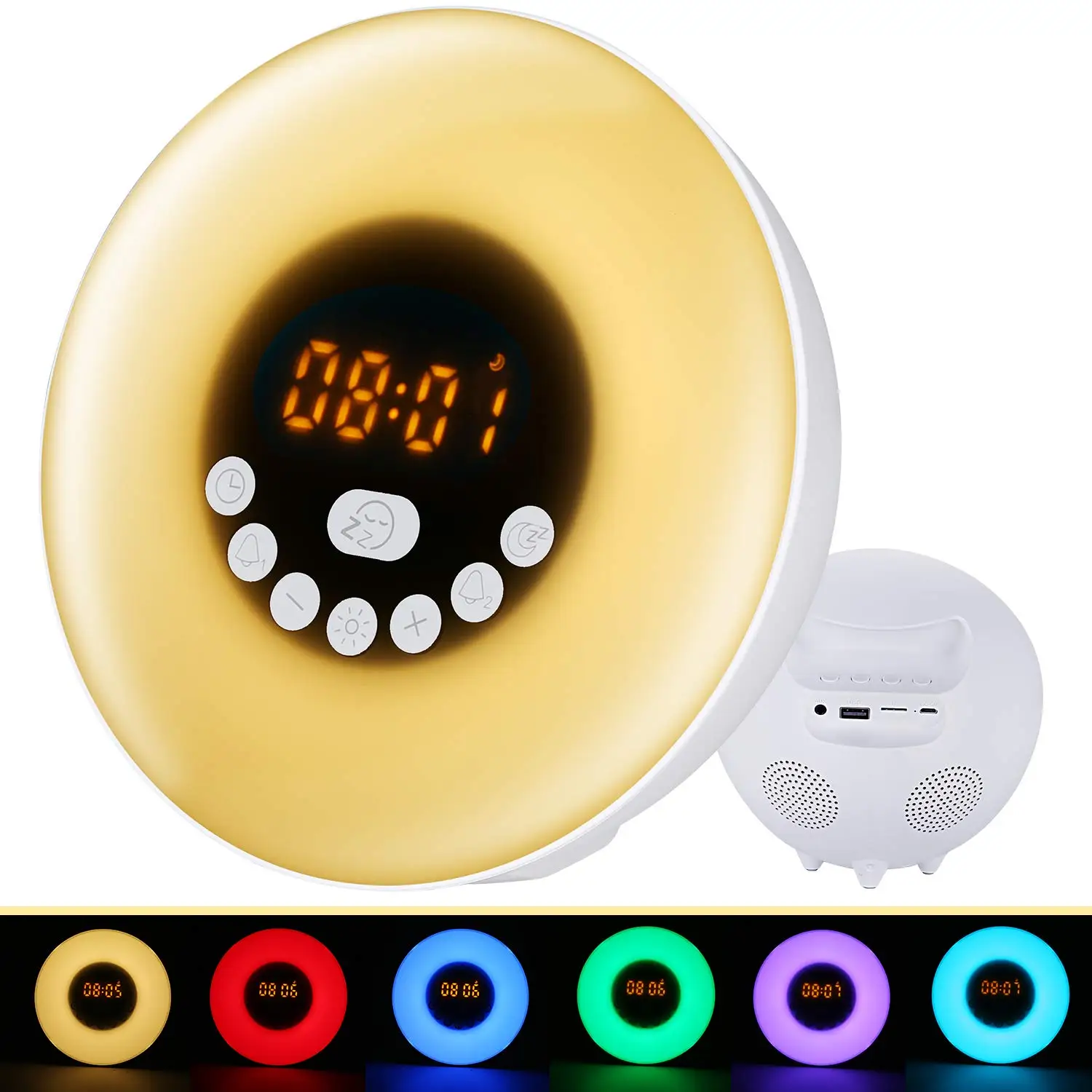 

Sunset Alarm Clock and Bluetooth Speaker Simulation Alarm Clock 7Colors Nature Sounds FM Radio Snooze Touch Control Bedside Lamp
