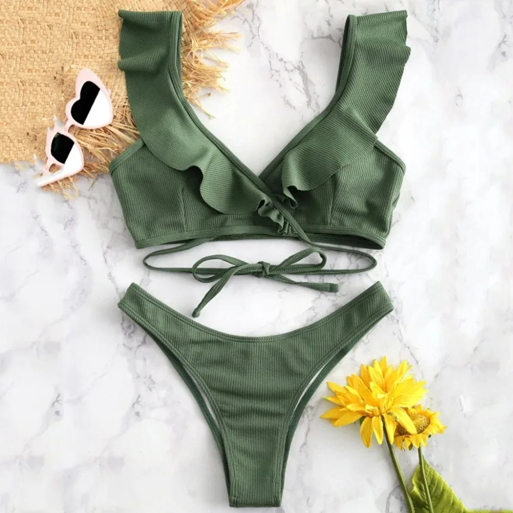 

Bikini Set Women Solid Ruffled Padded High Waist bandage Two pieces Swimsuit Beachwear maillot de bain fille 35#