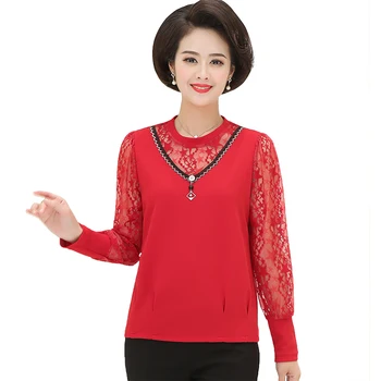 

lace tee shirts women slim tops 2020 Fall new casual plus size solid middle age mother pullover 5xl t-shirts