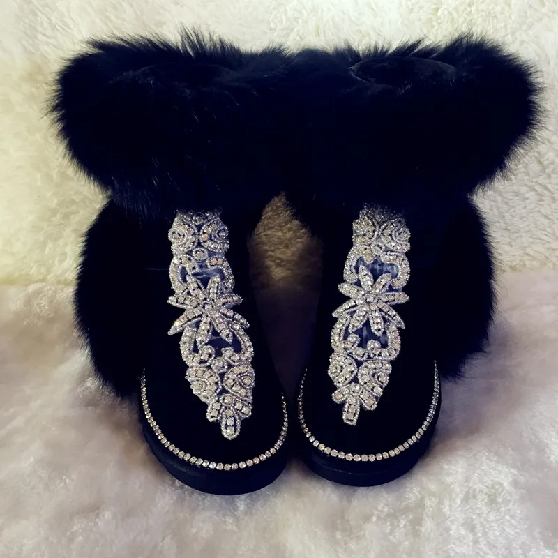 

Real Fox Fur Boots Womens Genuine Leather Cowhide Winter Boots Handmade Rhinestone Winter Shoes Women Snow Plush Boots Wool