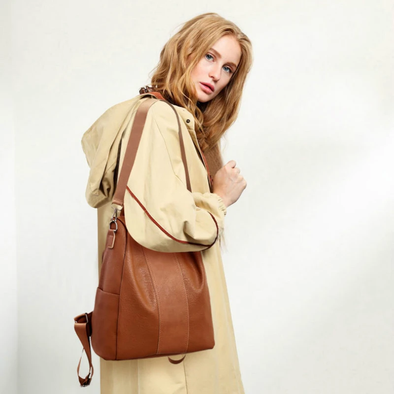 

2019 Korean Version of The New Double Back Anti-theft Backpack Retro Simple Pure Color PU Leather Backpack Vintage