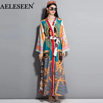 

AELESEEN Vintage Dress Print 2019 Spring Autumn Fashion Full Sleeves Belt Contrast Color Muslim Printed Slim Long Maxi Dress