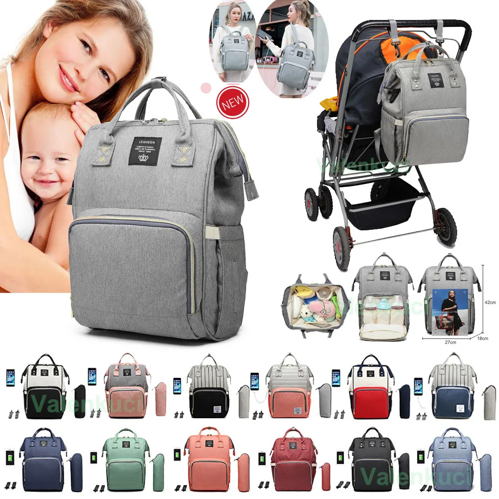 

LEQUEEN Maternity Waterproof Diaper Bags USB Charging Large Mummy Nursing Backpacks Nappy Bag Baby Care Organizer Bag with Hooks