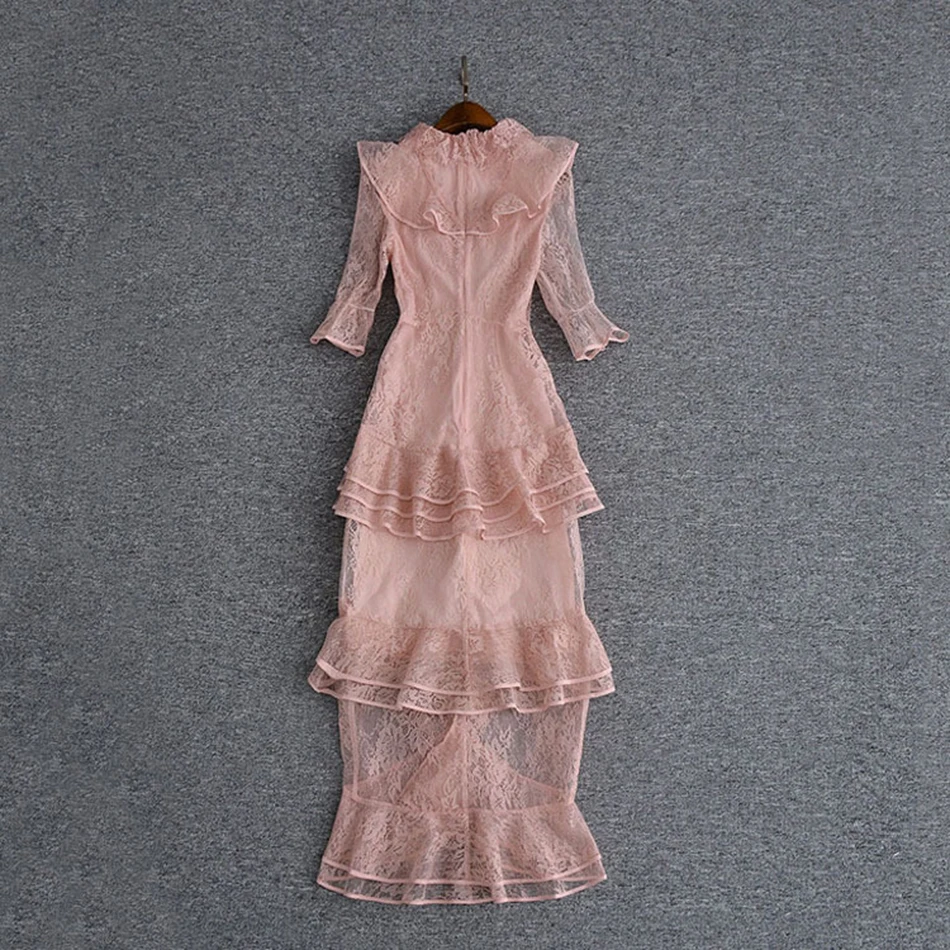 Розовое очень длинное кружевное платье с круглым вырезом и оборками, с коротким рукавом, многослойное платье русалки, праздничное платье