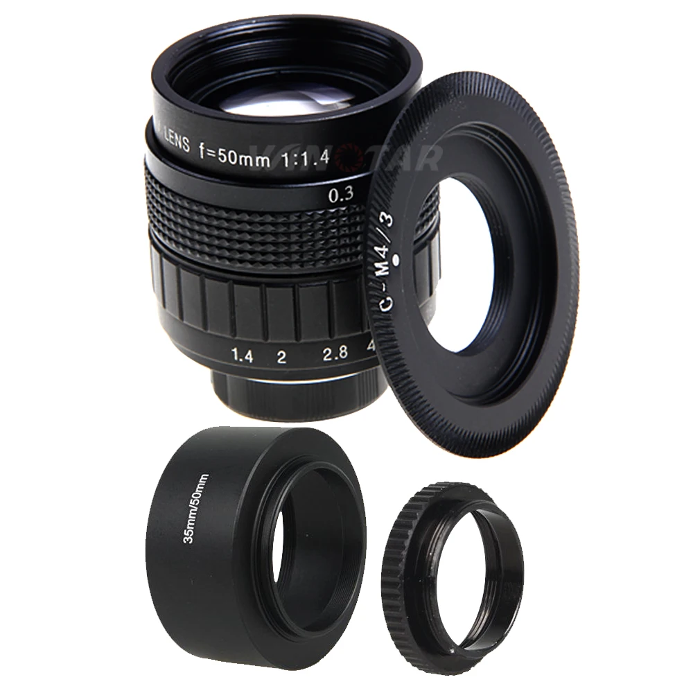 FUJIAN 50mm f/1.4 CCTV F1.4 Lens + C-M4/3 Mount + Lens Hood + Macro Ring for Olympus Panasonic Micro 4/3 M4/3 M 4/3