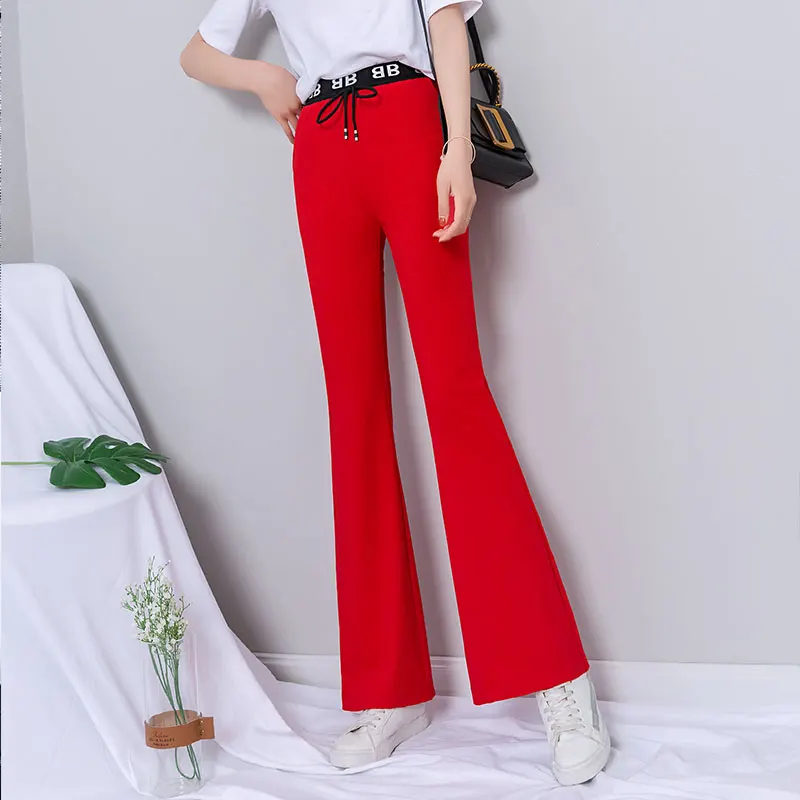 

Red Flare Pants Women Summer High Waist Drawstring Long Office Pants Woman Elegant Streetwear Plus Size Bell Bottom Pants 2019
