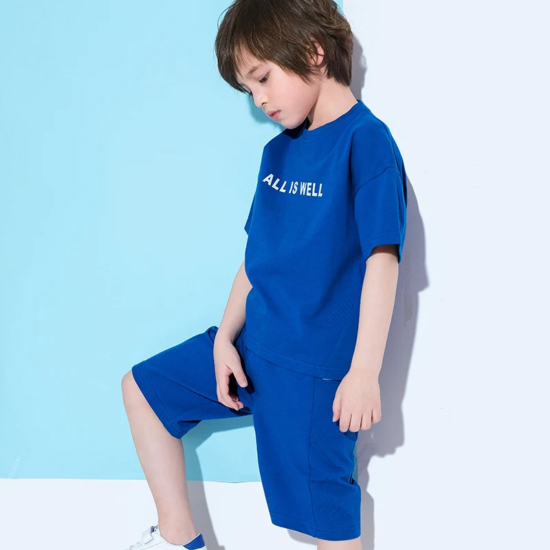 Pioneer Kids/спортивный костюм для мальчиков, свободная футболка с открытыми плечами+ шорты с буквенным принтом, комплект одежды для детей, BTZ910039