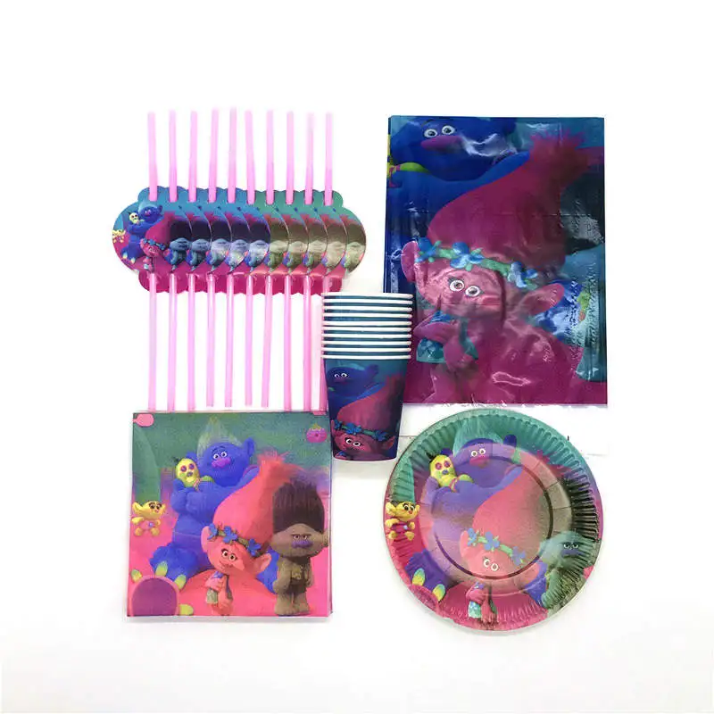 

Hot Sale Trolls Cartoon Theme Kids Favors Paper Cup+Plate+Napkin+Straw Child Birthday Party Tablecloth Supplies 81Pcs\Lot