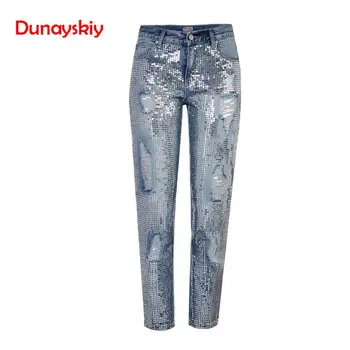 

2020 Spring Sequins Jeans Ladies Mom High Waist Vintage Woman Denim Jeans Female Ripped Jeans For Women Trousers