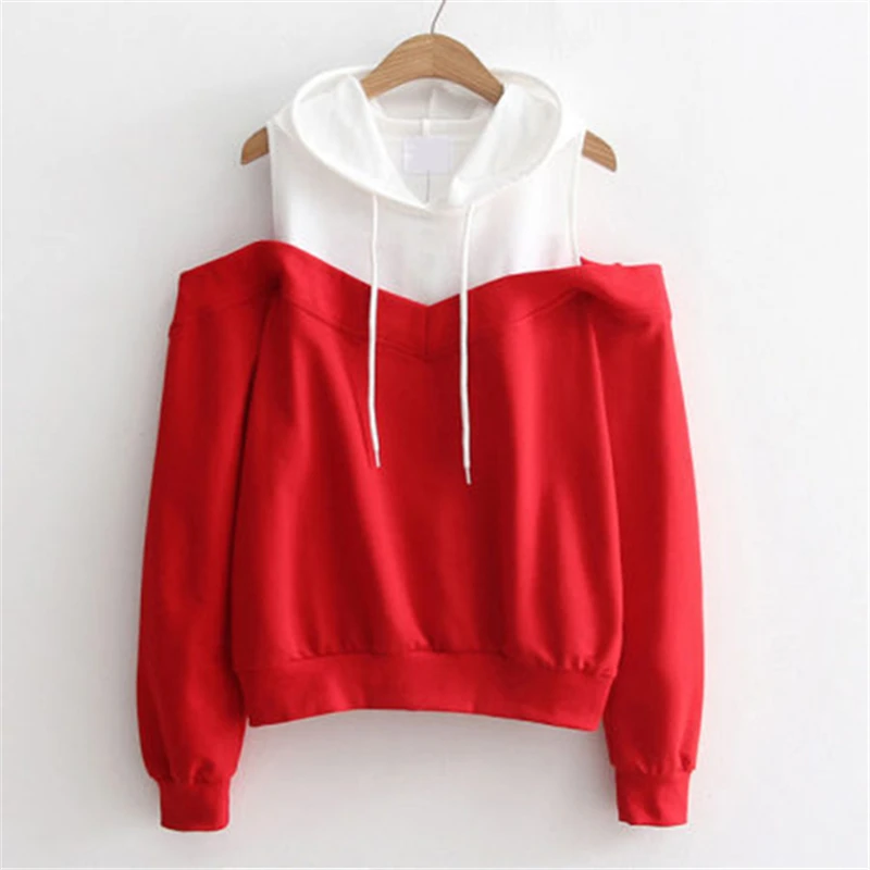 

hirigin street Women Hoodies 2017 Autumn color patchwork hollow shoulder Sweatshirts Cotton Long Sleeve Tracksuit girls clothing
