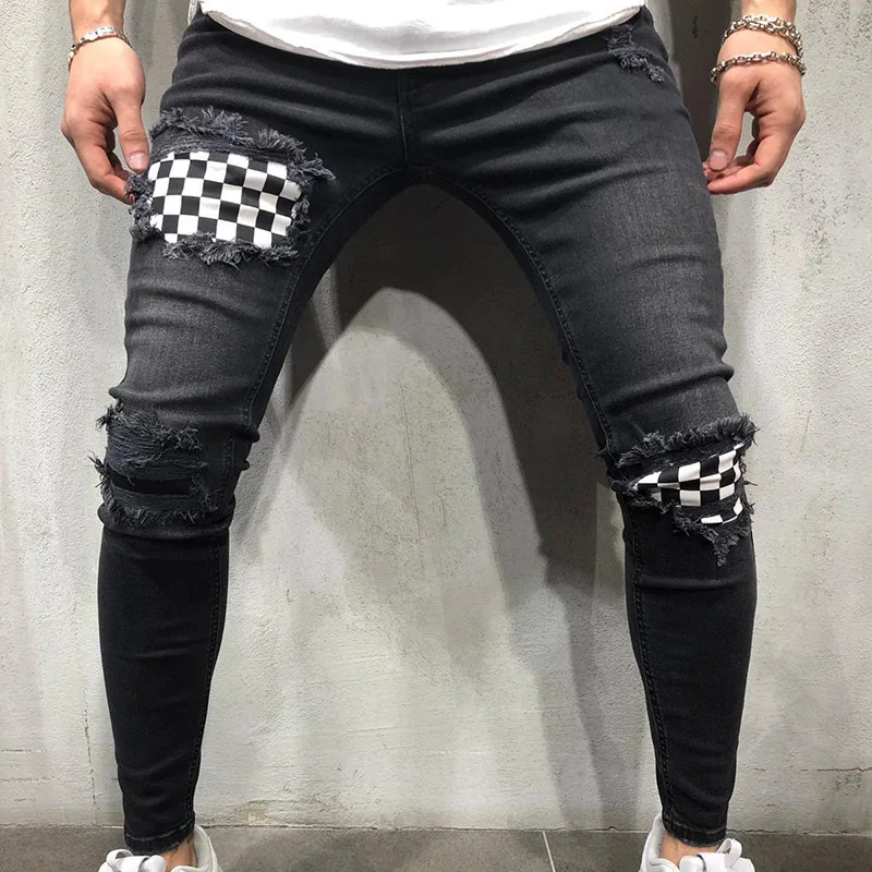Mens Ripped Hole Stretch Frayed Skinny Slim Fit Biker Jeans Denim Trousers Pants