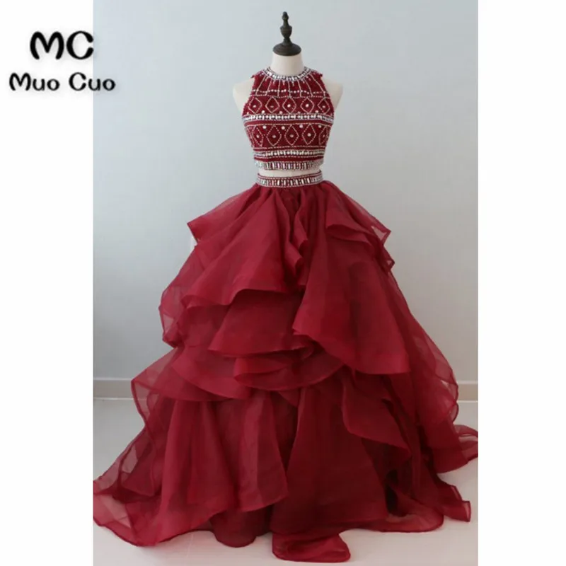 Stylish burgundy organza two pieces long ruffles beaded prom gown, long open back shinning evening dresses
