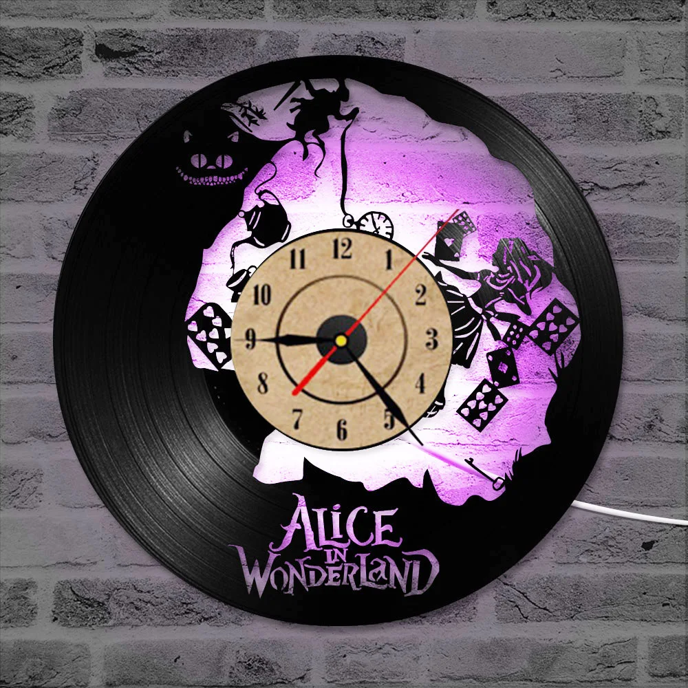 Виниловая пластинка настенные часы Мультфильм Алиса в стране чудес 3D креативный CD пластинка часы Современный дизайн подвесной светодиодный домашний декор