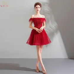 Вина красные коктейльные платья 2019 Короткие Мини Кружева комплектующие для бижутерии из кристала блестящие С Плеча Лодка шеи вечерние
