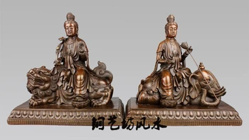 

9'' China Manjusri and Samantabhadra Ride Lion Elephant Buddha Statue Bronze