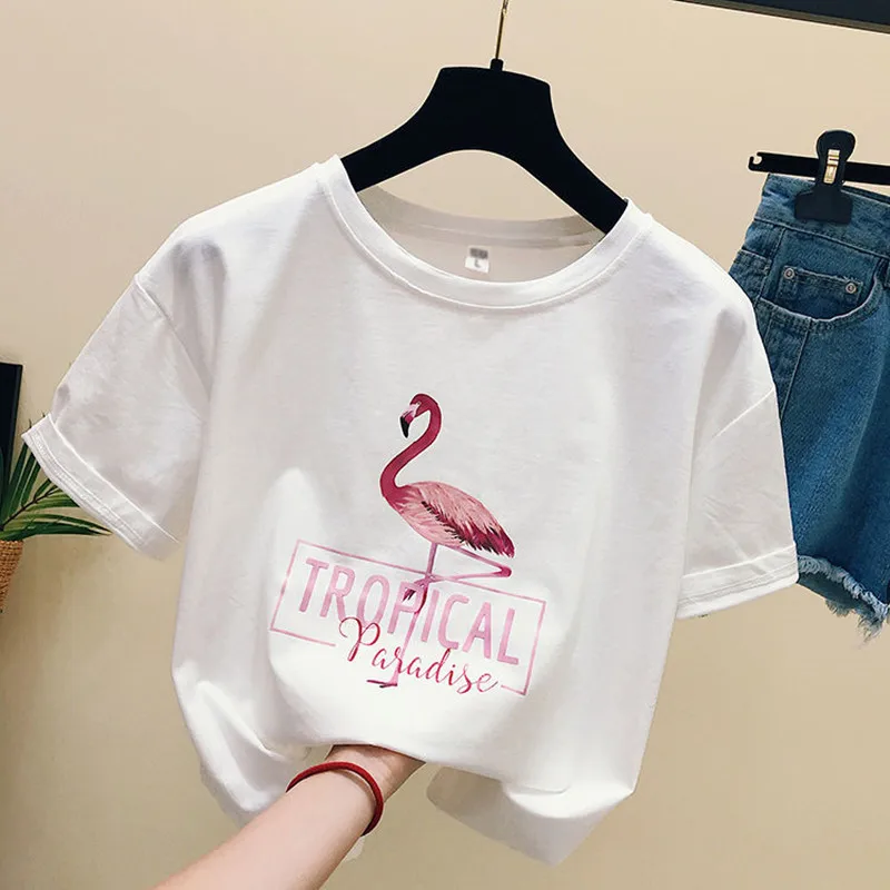 

Women Crop T-shirt Print Flamingo Cute Pink Loose Size Sexy Club Summer Tshirt 2019 Top Fashion Spring Clothes Streetwear