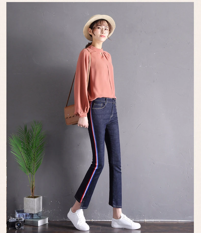Nonis New Arrival Side ribbons ankle length jeans Women elastic Slim Straight flare pant Female streetwear capri Plus size