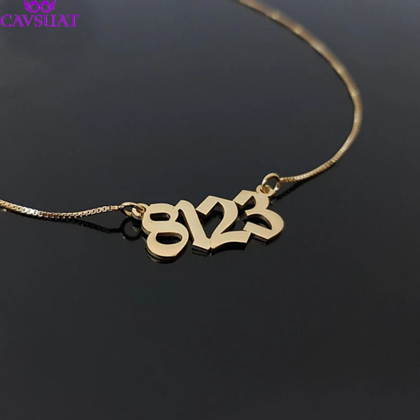 

Stainless Steel Personalized Old English Number Necklaces For Women Men Custom Birthday Wedding Date Pendant Box Chain Gifts