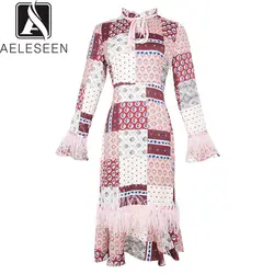 AELESEEN винтажное элегантное платье весна женское с расклешенными рукавами перо пэчворк Модное Длинное дизайнерское элегантное платье с
