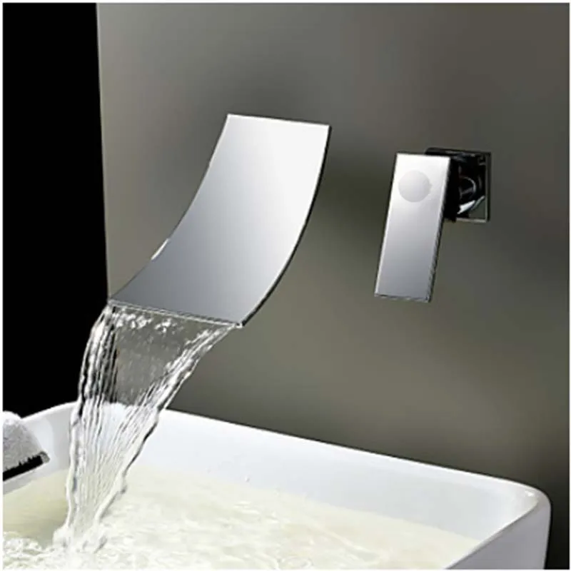 

Wall Mounted Widespread Waterfall Bathroom Sink Faucet Mixer Single Handle NEW