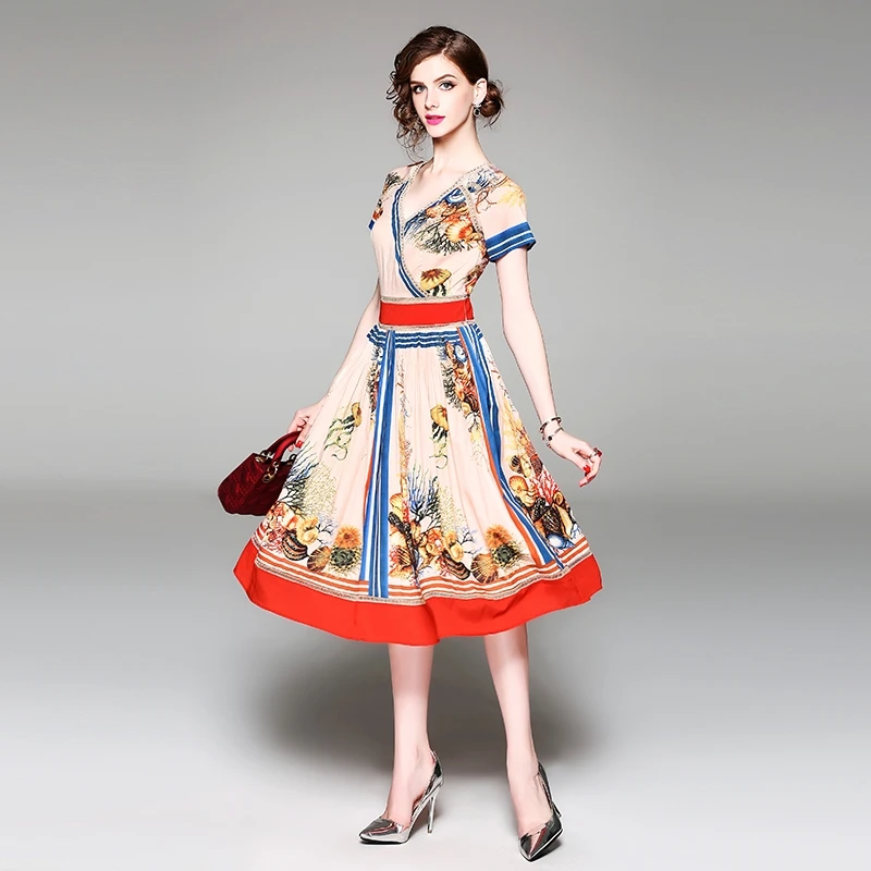 

GoodliShowsi 2019 Fashion Vintage Exotic Women's Swing Dress Jellyfish and Shell Print A-Line V-Neck Short Hollow Out Patchwork
