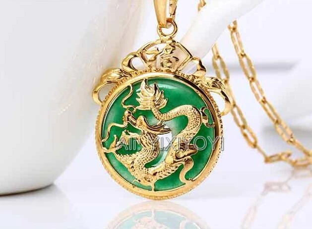 Красивый природный зеленый Jade инкрустация золотой китайский дракон амулет