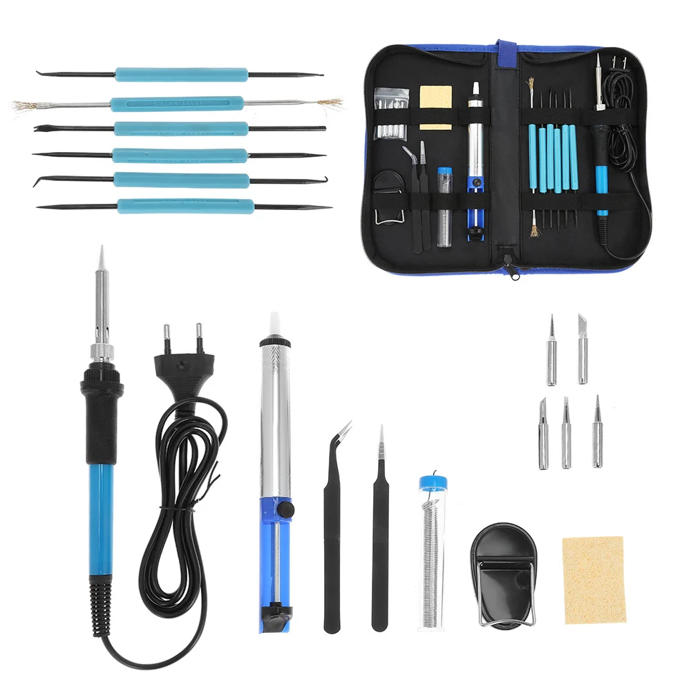 

EU Plug 220v 60w Adjustable Temperature Electric Soldering Iron Kit+5pcs Tips Portable Welding Repair Tool Tweezers Solder Wire