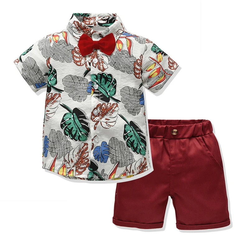 

toddler boy clothes shirt with bowtie + red shorts 2 pieces/set 2019 fashion leaf printed tops sets baby boy clothes infant suit
