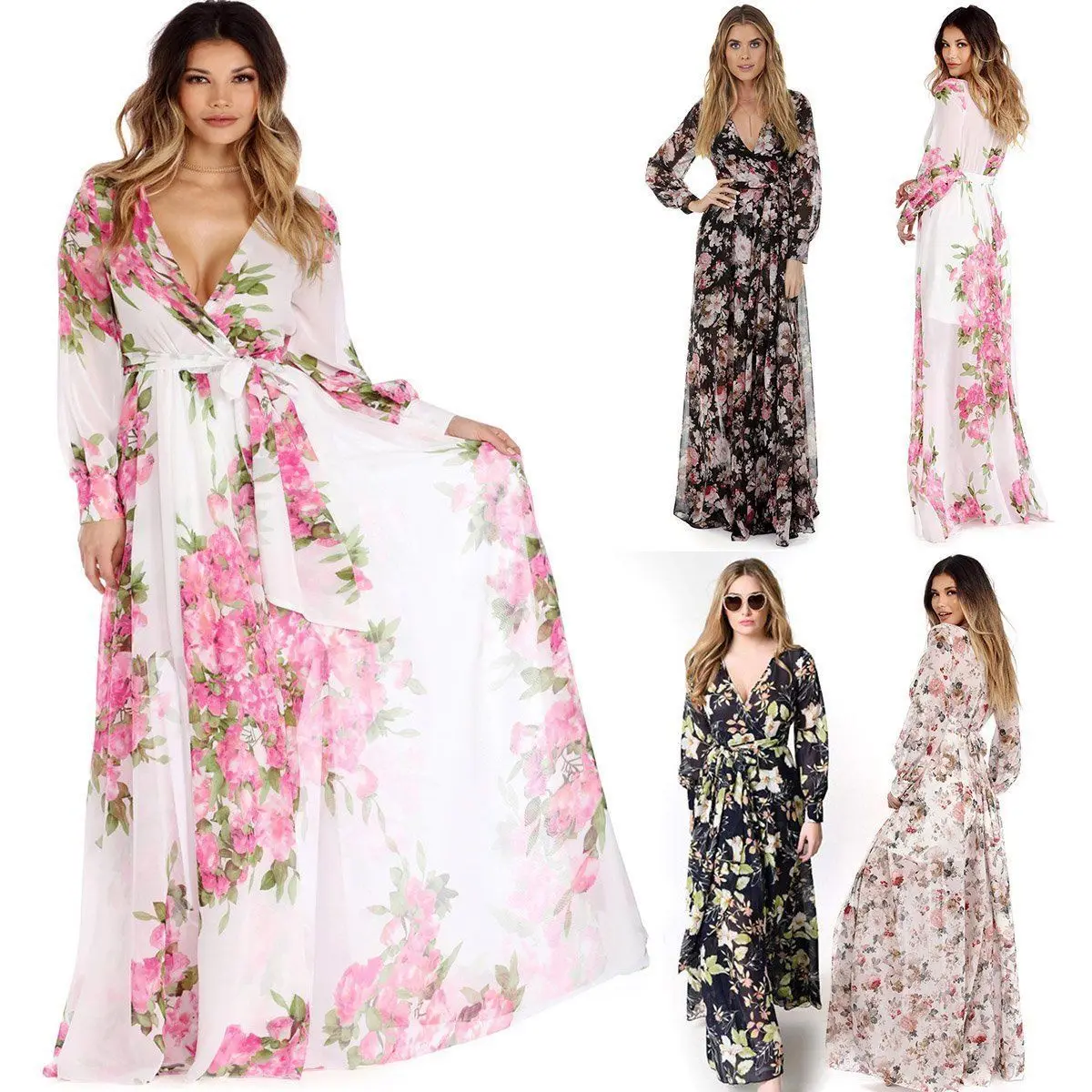 

Full Lantern Sleeve Floral Printed Bownot Front Vestido Boho Women Party Evening Slim Long Maxi Dress Clothing Plus Size M-3XL