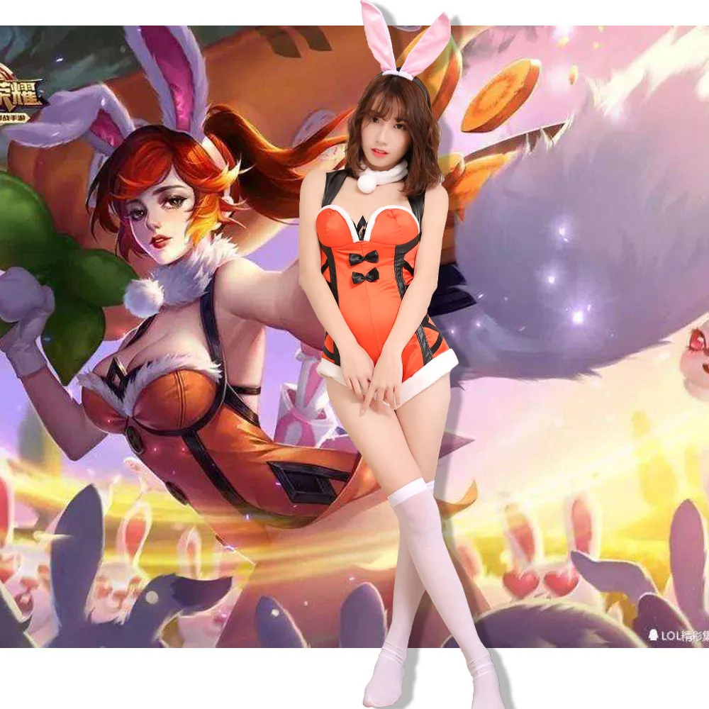 

LOL role playing The Nine-Tailed Fox Ahri Maid bunny Sexy Hanfu Game Cosplay Halloween Costume + socks suit (No Tails)