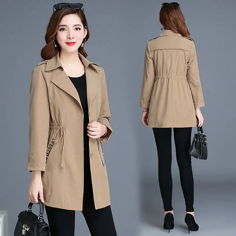 

Women Long Trench Single Breasted Big Size Wist Sexy Autumn Solid Coat Pocket Long Sleeves V-Neck Apparel Top Fashion Overcoat