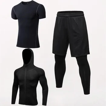 

Yuerlian 3 pcs Men Compression Running Suit Sports Set Quick dry Tracksuit T-shirt autumn zipper hooded tights Sportswear