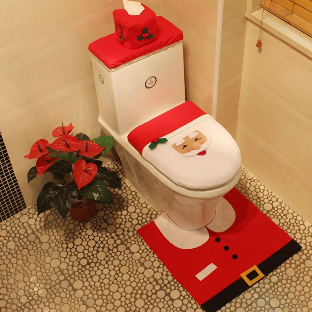 Christmas Santa Claus Toilet Seat Cover and Rug Set for Bathroom Decorations Bathroom Mat Set Christmas Decorations