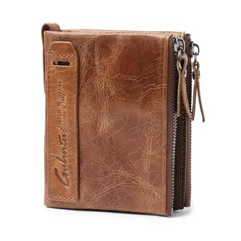 

Hot Men Cowhide Leather Layer Bifold Wallet Credit ID Card Holder Coin Zipper Bag