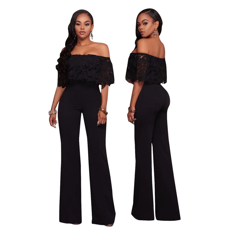 Lace Jumpsuits for Women Off Shoulder Full Length Solid Rompers Womens ...