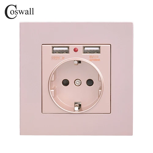 Coswall, двойной usb порт для зарядки, 5 В, 2.1A, светодиодный индикатор, 16A, настенная розетка европейского стандарта, ПК Панель, серый, черный, белый, золотой - Тип: Gold