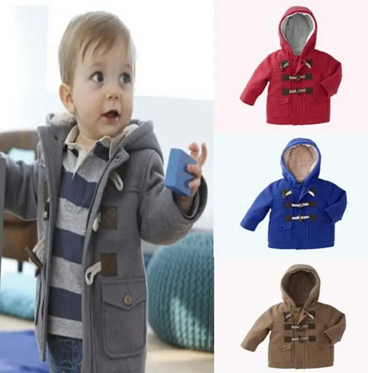 Новая модная одежда в английском стиле для мальчиков, пуговица из рога капюшон, пальто детское зимнее пальто 4 цветов