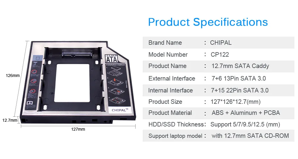 CHIPAL Универсальный 2nd HDD Caddy 12,7 мм 2," SATA 3,0 SSD чехол Корпус жесткого диска со Светодиодный индикатор для ноутбука CD DVD rom