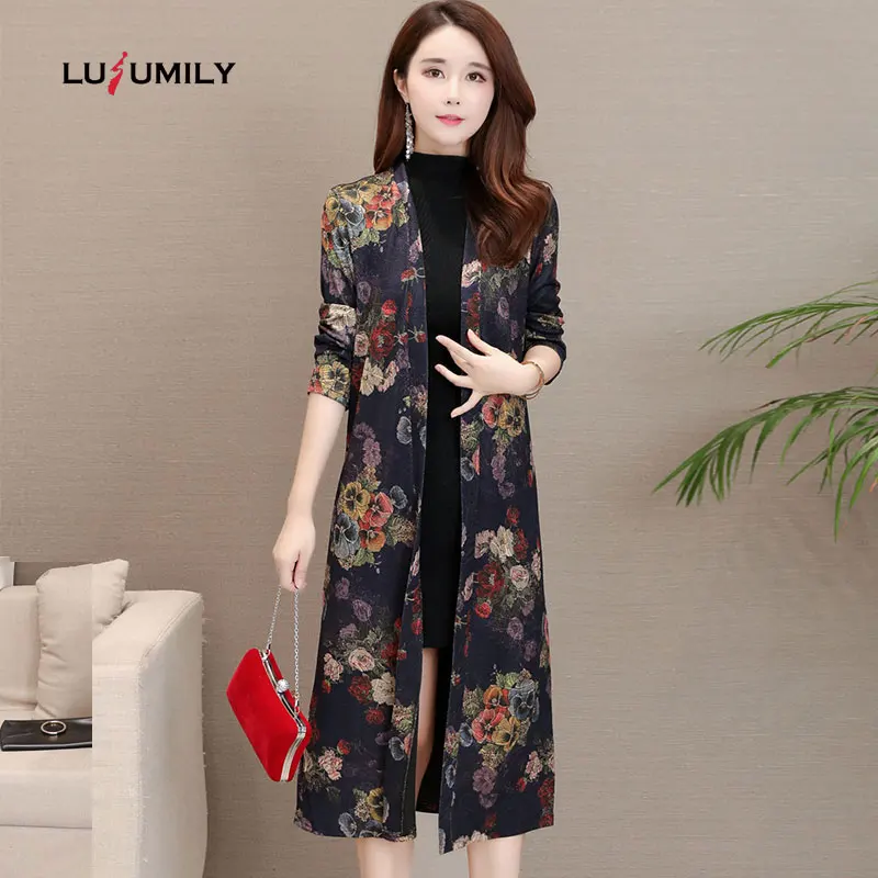 

Lusumily New Plus Size 5XL New Women Windbreaker Long Coat Print Open Stitch Flower Casual Loose Plus Size Tops Female Clothes