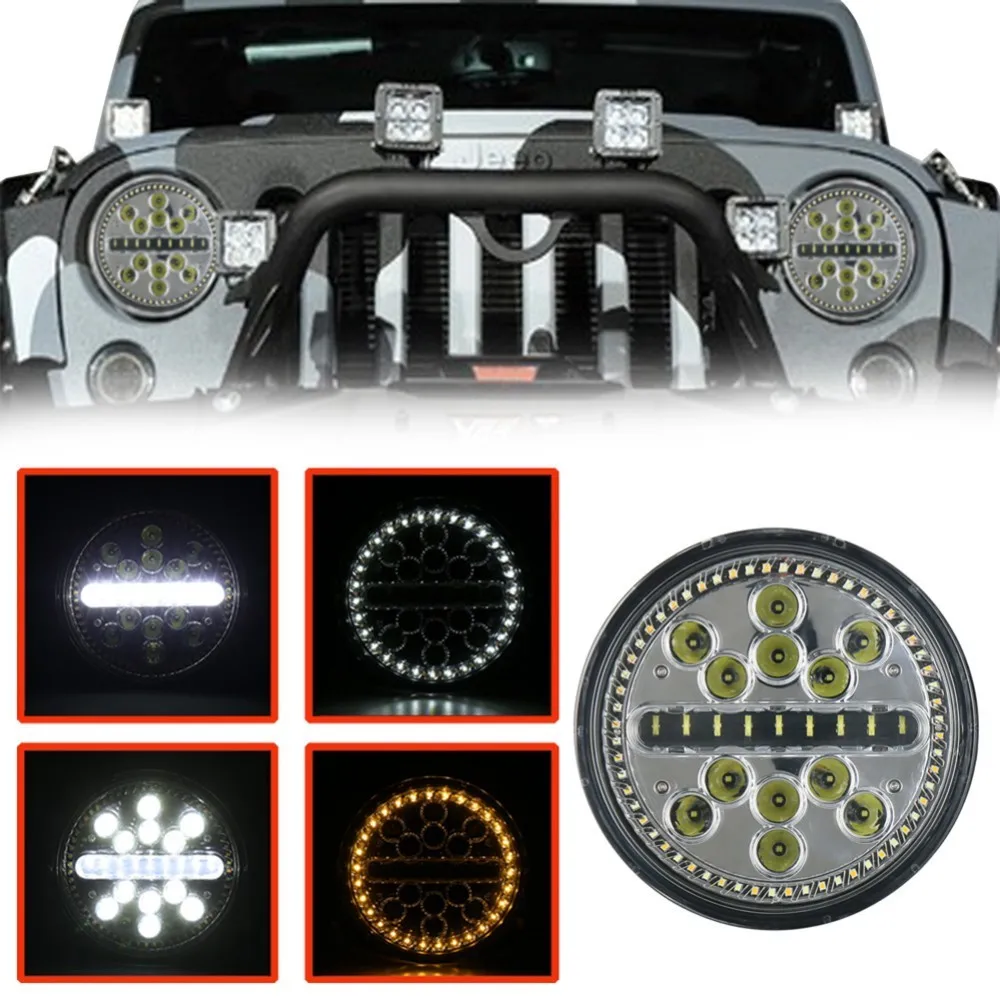 

Good 7 Inch 63W Waterproof Round Modified Auto Car Top LED Light Bars for Off-road Car Headlamps DRL White Yellow Fog Lights J35