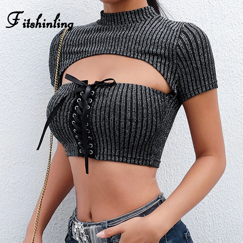 

Fitshinling Cut out lace up summer t-shirts for women fashion turtlencks crop top 2019 streetwear slim sexy hot female t-shirt