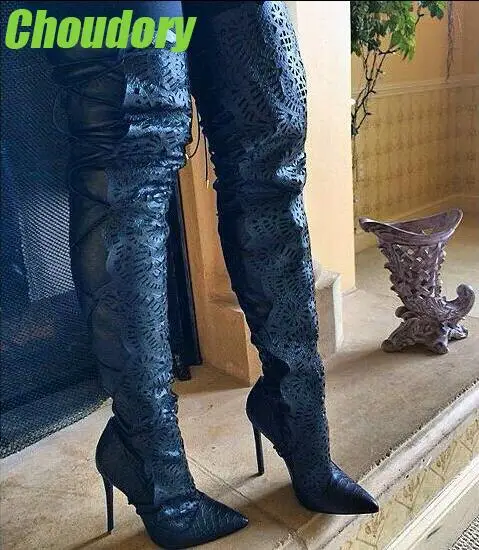 blue snakeskin thigh high boots