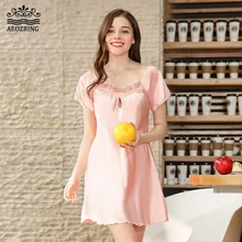 AEOZRING шелковые пижамы женское сексуальное атласное белье кружевная сорочка Ночная Рубашка домашняя одежда для сна M-XXXXL