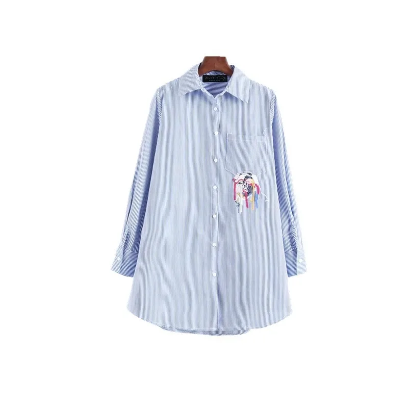 

NSZ Cotton Tassel Blouse Women Striped Shirt Long Top Embroidery Shirt Full Sleeve Turn-down Collar Ladies Clothes Blusa Camsia