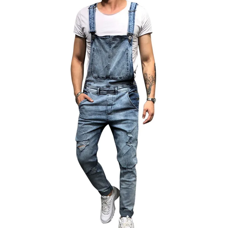 LITTHING 2019 сезон: весна–лето модные Для мужчин Рваные джинсы комбинезоны ЕС Размеры Street проблемных Джинсовые комбинезоны мужские штаны с