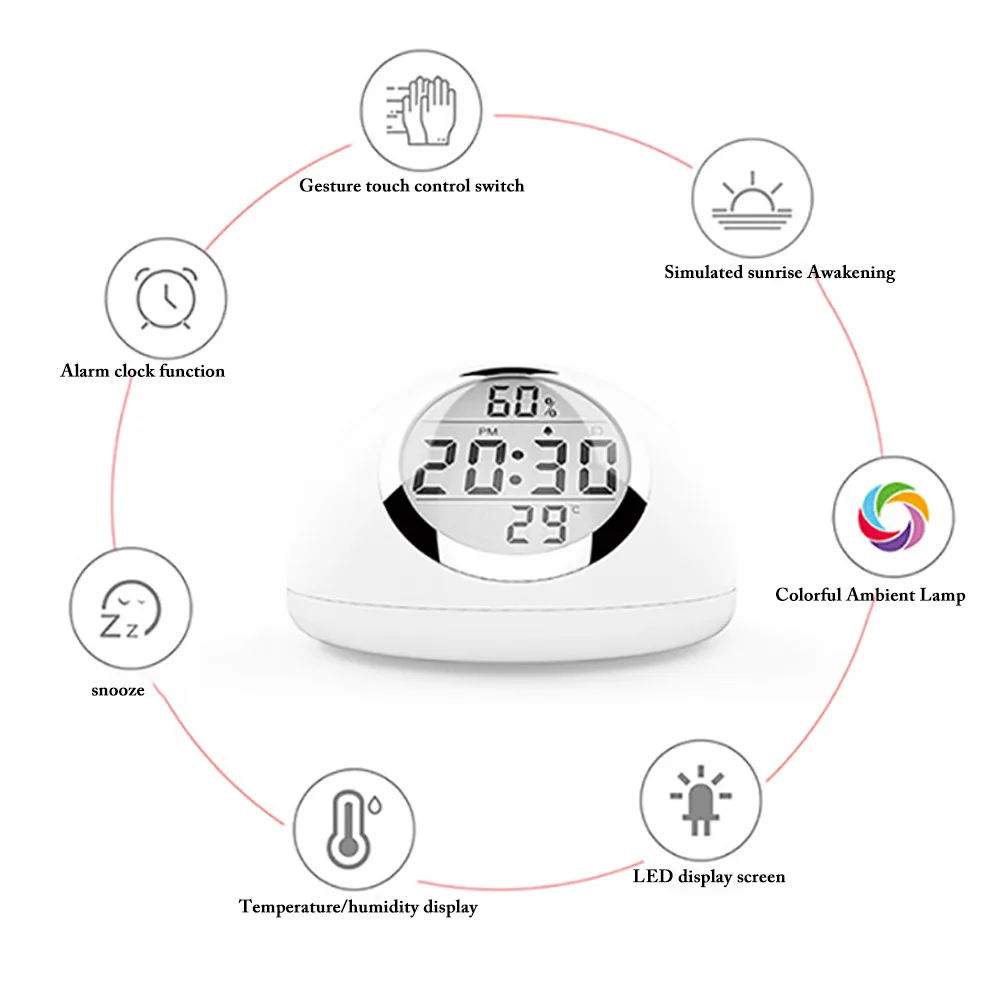 ЖК-будильник с красочным окружающим светильник, украшение для дома, цифровые часы, будильник, светильник, звук природы, распознавание жестов и повтор сигнала